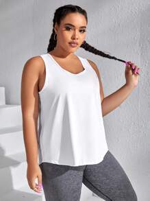 SHEIN Daily&Casual 大碼網紗拼接後背開衩運動背心 - 白色 - 查看 4