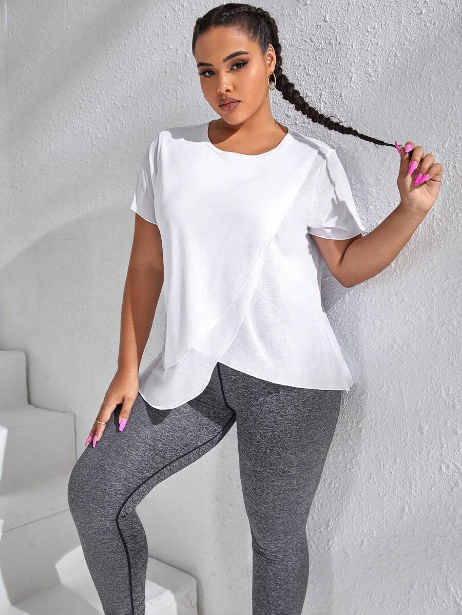 SHEIN Daily&Casual Plus Wrap Asymmetrical Hem Sports Tee - White - View 1