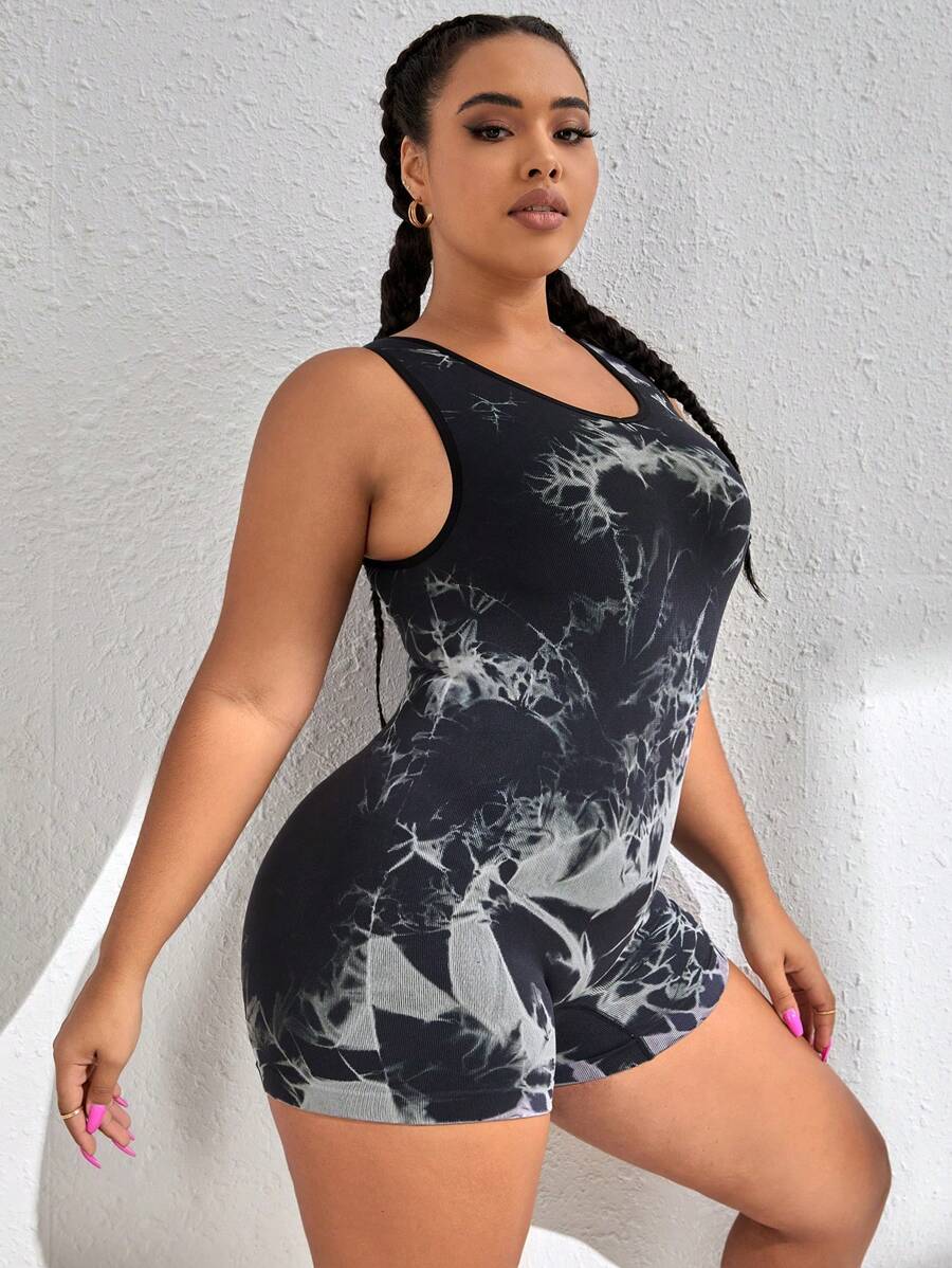 Plus Tie Dye Contrast Binding Sports Romper - Black and White - View 1
