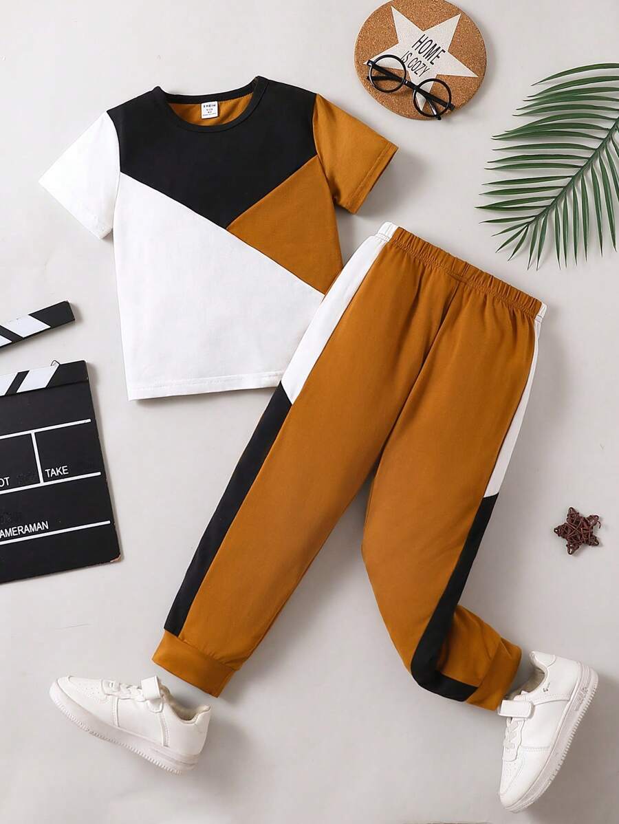 SHEIN Bộ thời trang bé trai Sọc bên Khối Màu Giải trí - Nhiều màu - Xem 1