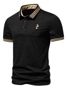 Manfinity Homme Áo thun có cổ Nam Nút Nút phía trước Sọc Công việc - màu đen - Xem 3