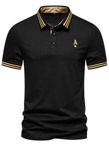 Manfinity Homme Áo thun có cổ Nam Nút Nút phía trước Sọc Công việc - màu đen - Xem 4