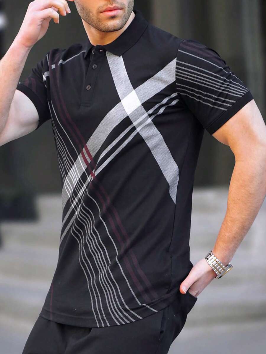 Manfinity Homme Men Striped Print Polo Shirt - Black - View 1