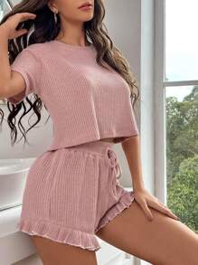華夫格編織木耳邊下擺前打結休閒服套裝 - 藕粉色 - 查看 3