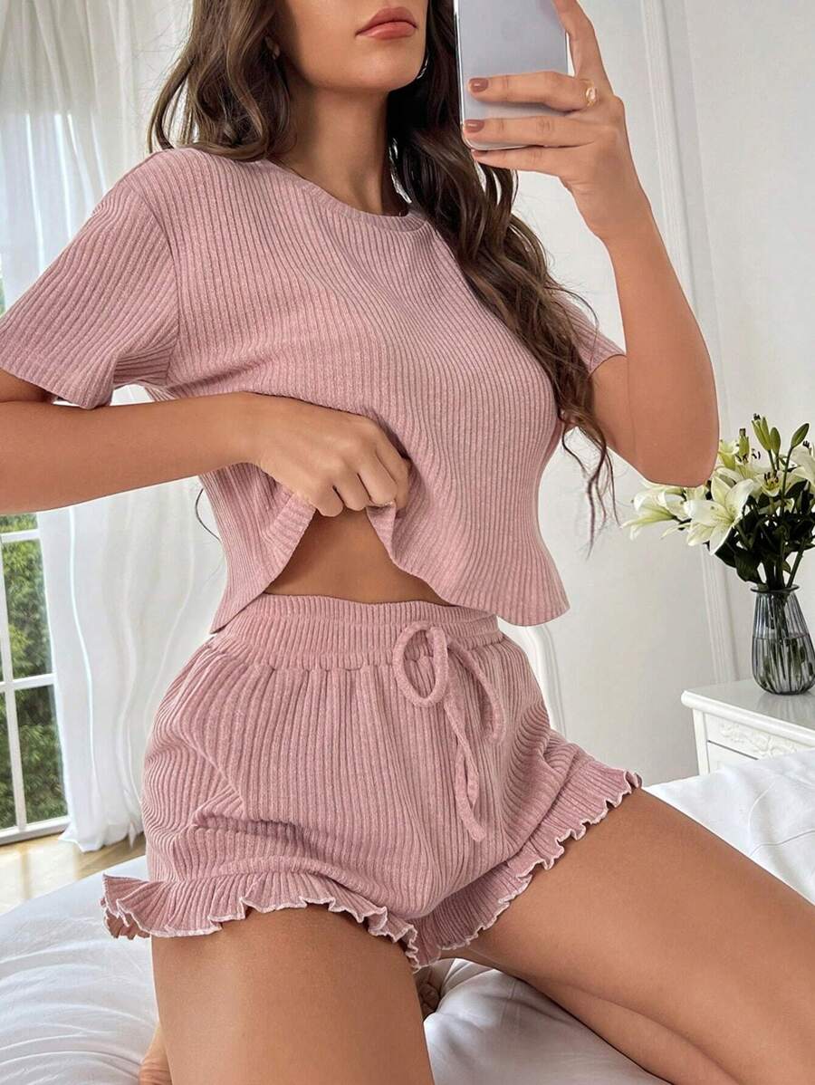 華夫格編織木耳邊下擺前打結休閒服套裝 - 藕粉色 - 查看 1