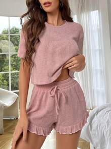 華夫格編織木耳邊下擺前打結休閒服套裝 - 藕粉色 - 查看 4