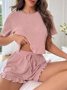 華夫格編織木耳邊下擺前打結休閒服套裝 - 藕粉色 - 查看 5