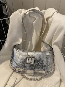 Women New Crocodile Embossed Metal Chain Shoulder Bag - Silver - View 1