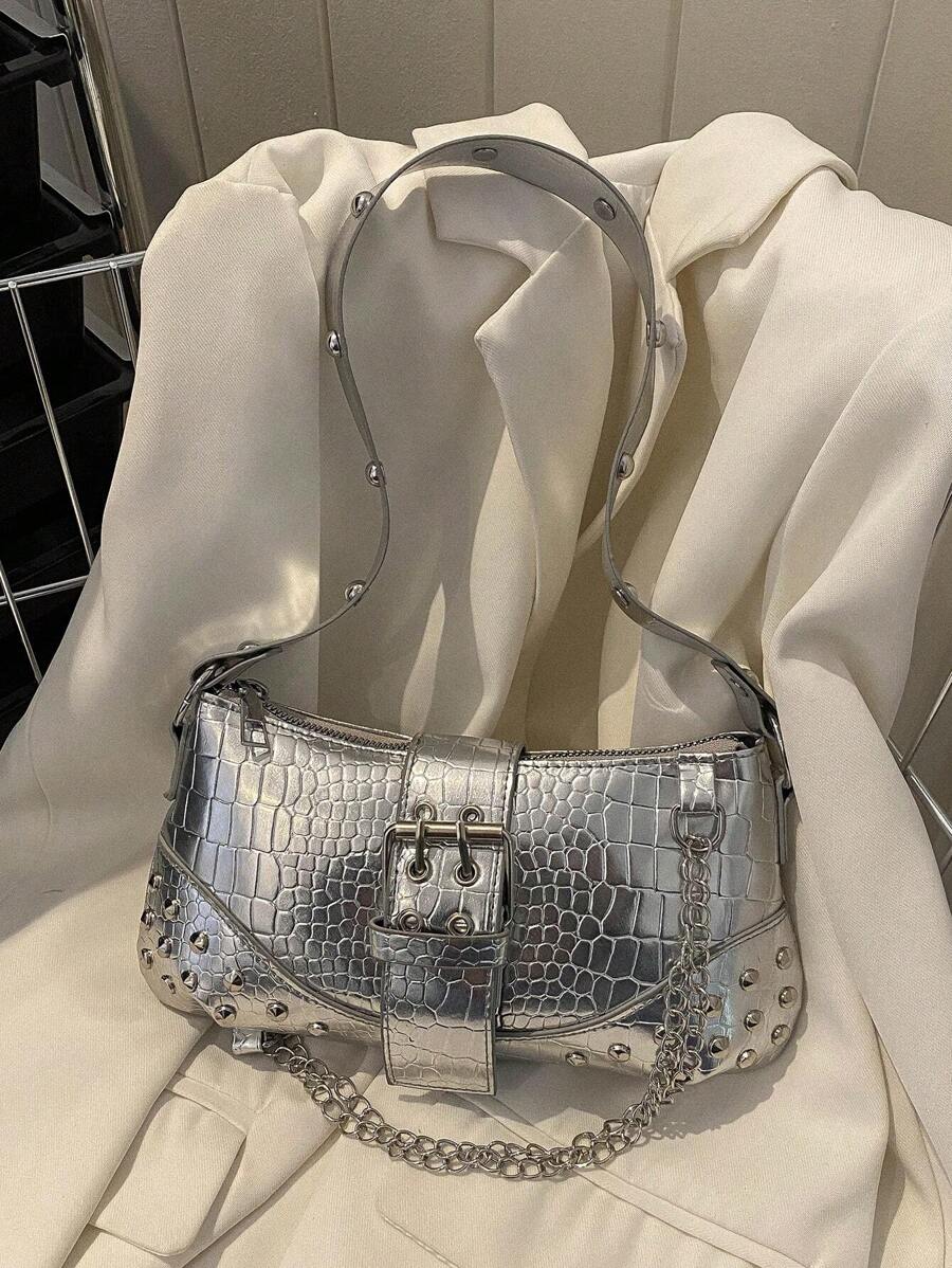 Women New Crocodile Embossed Metal Chain Shoulder Bag - Silver - View 1