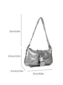 Women New Crocodile Embossed Metal Chain Shoulder Bag - Silver - View 3