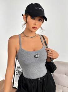 SHEIN EZwear Patched Detail Ribbed Knit Cami Bodysuit - Grey - View 3