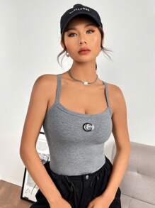 SHEIN EZwear Patched Detail Ribbed Knit Cami Bodysuit - Grey - View 4