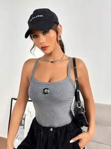 SHEIN EZwear Patched Detail Ribbed Knit Cami Bodysuit - Grey - View 5