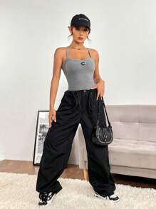 SHEIN EZwear Patched Detail Ribbed Knit Cami Bodysuit - Grey - View 6