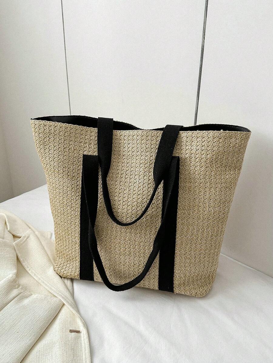 Túi rơm quá khổ Colorblock Double Handle Phong cách kỳ nghỉ - Nhiều màu - Xem 1