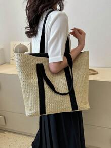 Túi rơm quá khổ Colorblock Double Handle Phong cách kỳ nghỉ - Nhiều màu - Xem 2