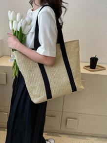 Túi rơm quá khổ Colorblock Double Handle Phong cách kỳ nghỉ - Nhiều màu - Xem 5