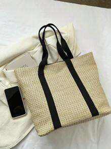 Túi rơm quá khổ Colorblock Double Handle Phong cách kỳ nghỉ - Nhiều màu - Xem 7