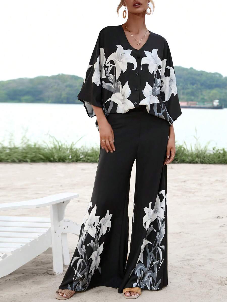 SHEIN VCAY Bộ đồ hai mảnh nữ Hoa Boho - màu đen - Xem 1