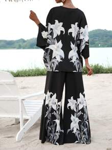 SHEIN VCAY Bộ đồ hai mảnh nữ Hoa Boho - màu đen - Xem 2