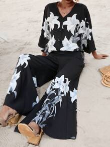 SHEIN VCAY Bộ đồ hai mảnh nữ Hoa Boho - màu đen - Xem 3