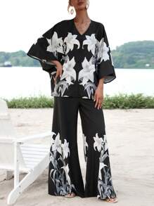 SHEIN VCAY Bộ đồ hai mảnh nữ Hoa Boho - màu đen - Xem 5