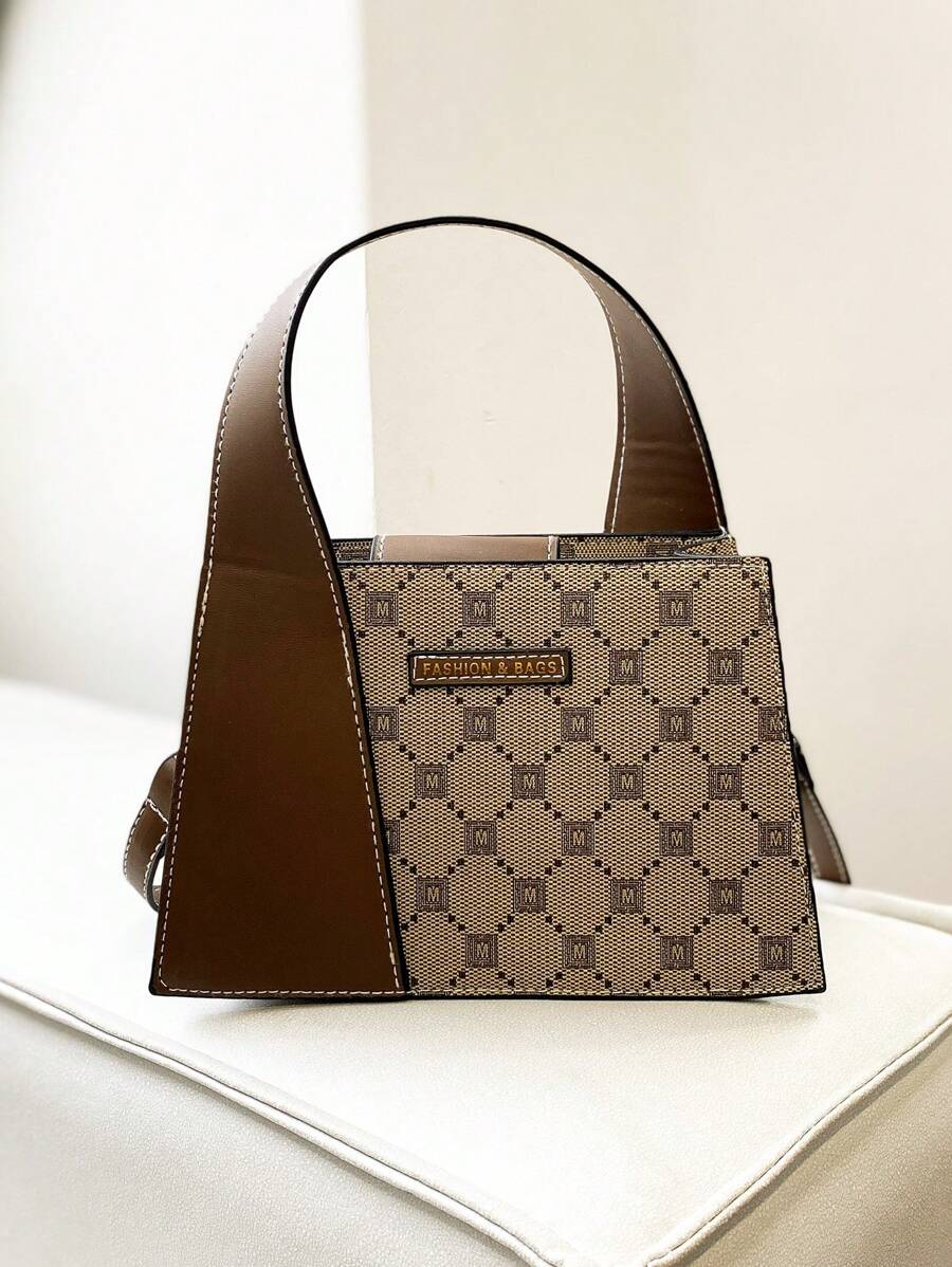 Mini Square Bag Geometric Pattern Patch Decor Top Handle - Multicolor - View 1