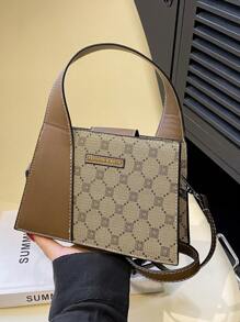 Mini Square Bag Geometric Pattern Patch Decor Top Handle - Multicolor - View 6