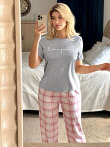 Slogan Graphic Tee & Plaid Print Trousers PJ Set - Grey - View 3