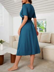 蕾絲拼接木耳邊睡裙 - 霧霾藍 - 查看 2