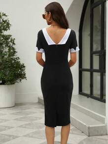 HOMEYEE Contrast Trim Bodycon Dress - Black - View 2