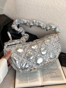 Quilted Hobo Bag Medium Metallic Funky Zipper - Silver - View 1