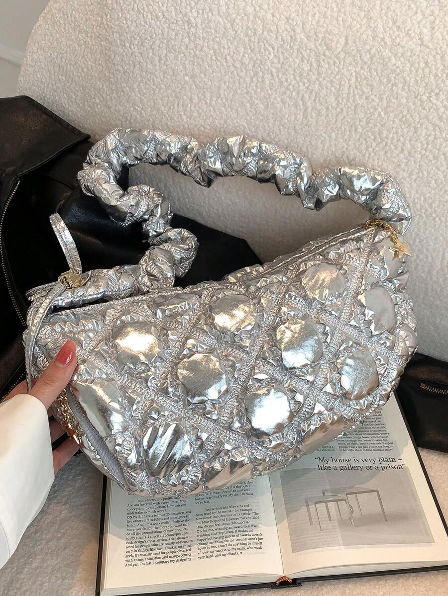 Quilted Hobo Bag Medium Metallic Funky Zipper - Silver - View 1