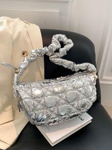 Quilted Hobo Bag Medium Metallic Funky Zipper - Silver - View 2