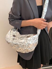 Quilted Hobo Bag Medium Metallic Funky Zipper - Silver - View 5