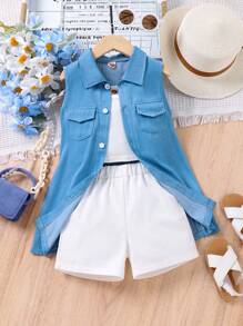 SHEIN 小女童翻蓋口袋襯衫和短褲和吊帶上衣套裝 - 藍白色 - 查看 1