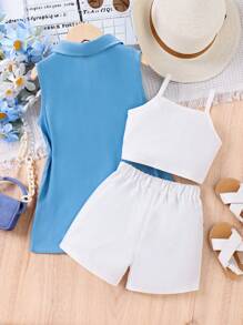 SHEIN 小女童翻蓋口袋襯衫和短褲和吊帶上衣套裝 - 藍白色 - 查看 2