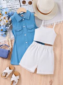 SHEIN 小女童翻蓋口袋襯衫和短褲和吊帶上衣套裝 - 藍白色 - 查看 3