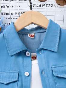 SHEIN 小女童翻蓋口袋襯衫和短褲和吊帶上衣套裝 - 藍白色 - 查看 4