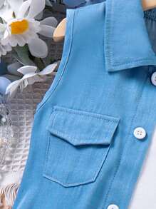 SHEIN 小女童翻蓋口袋襯衫和短褲和吊帶上衣套裝 - 藍白色 - 查看 5