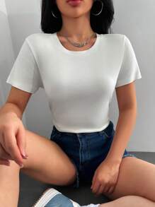 EURMUSE Solid Round Neck Tee - White - View 1