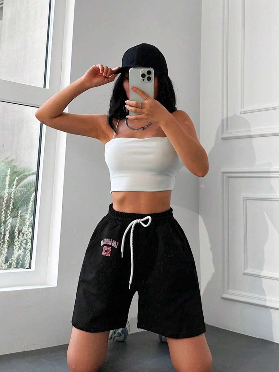 RueChic Letter Graphic Drawstring Waist Shorts - Black - View 1