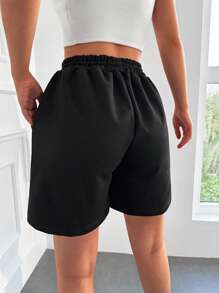 RueChic Letter Graphic Drawstring Waist Shorts - Black - View 2