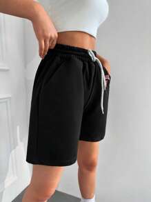 RueChic Letter Graphic Drawstring Waist Shorts - Black - View 5