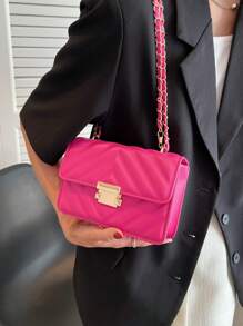 Mini Chevron Square Bag Neon Pink Funky Chain Strap - Hot Pink - View 1