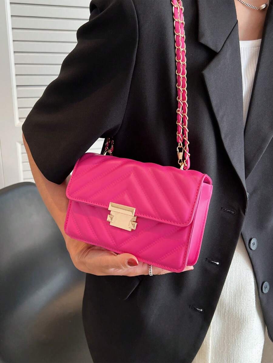 Mini Chevron Square Bag Neon Pink Funky Chain Strap - Hot Pink - View 1