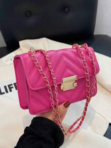 Mini Chevron Square Bag Neon Pink Funky Chain Strap - Hot Pink - View 4