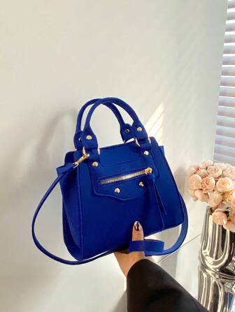 鉚釘裝飾方包雙把手小毛氈藍色