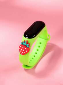 1入組兒童草莓裝飾防水合成樹脂帶運動橢圓形錶盤數字手錶適用於日常生活 - 綠色 - 查看 2