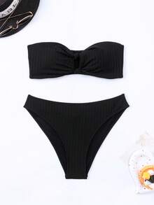 Plain Bandeau Bikini Set For Summer Beach - Black - View 7